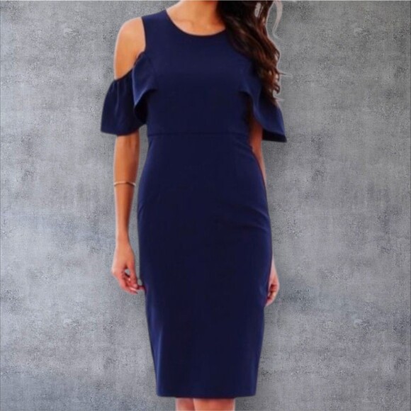 Bardot Womens 8 M Navy Jessie Sheath Dress Cold Shoulder Midi Cocktail Elegant - Picture 8 of 11